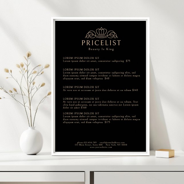 Elegant Crown Logo Black Salon Price List Poster (Elegant Crown Logo Black Salon Price List Poster)