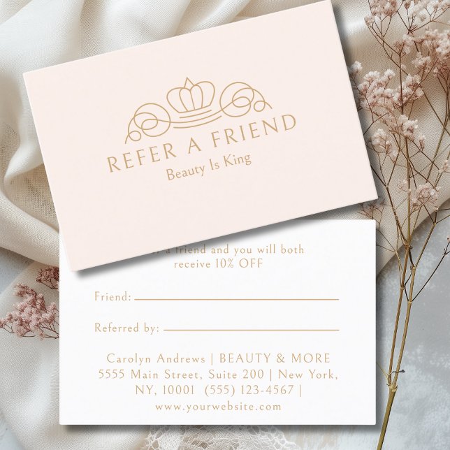Elegant Crown Logo Salon Blush Beige Referral Card (Elegant Crown Logo Salon Blush Pink Referral Card)