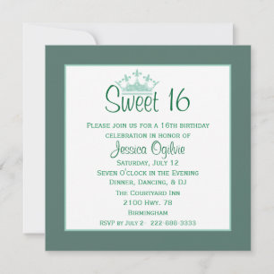 Elegant Crown Mint & White Sweet 16 Birthday Invitation