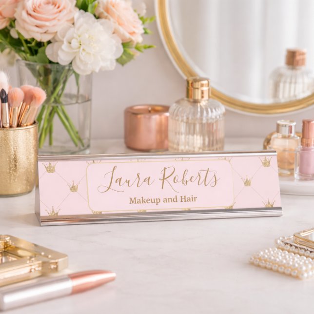 Elegant Crown Pattern Pink Desk Name Plate (Creator Uploaded)