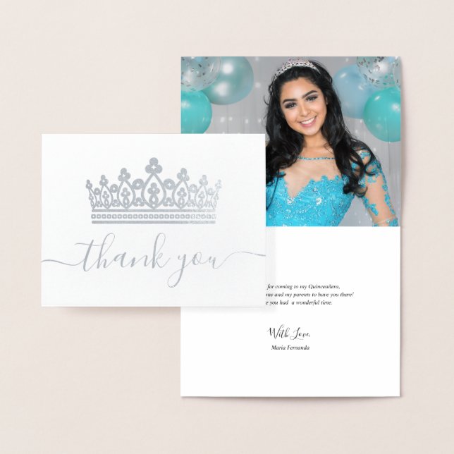 Elegant Crown Photo Quinceanera Thank You Silver Foil Card (Display)