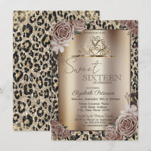 Elegant Crown Roses Leopard Print Sweet 16   Invitation