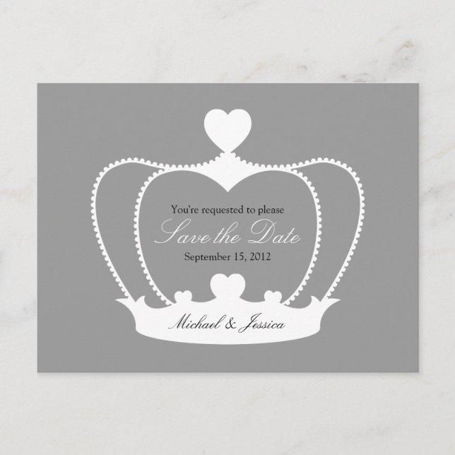 Elegant Crown Save the Date Postcard - Grey (Front)