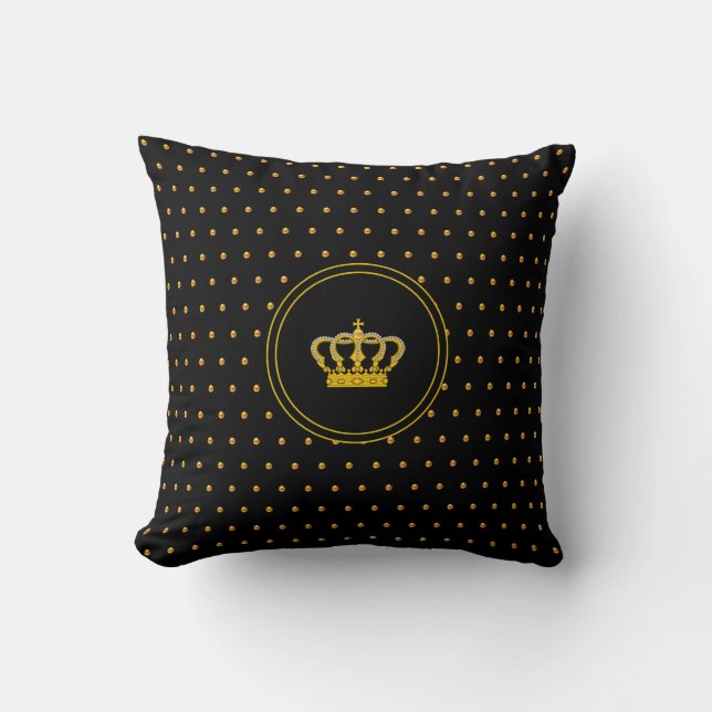 Elegant  Crown & Small Gold Polka Dots on Black Cushion (Front)