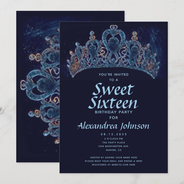 Elegant Crown Sweet Sixteen 16th Birthday  Invitation (Front/Back)