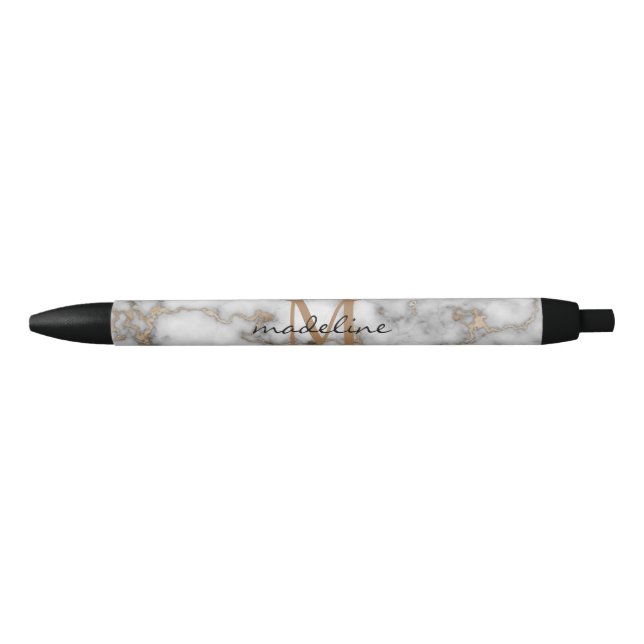 Elegant Crusted Gold Marble Black Grey Monogram Black Ink Pen (Front)