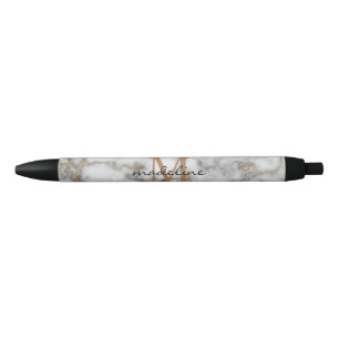 Elegant Crusted Gold Marble Black Grey Monogram Ink Pen