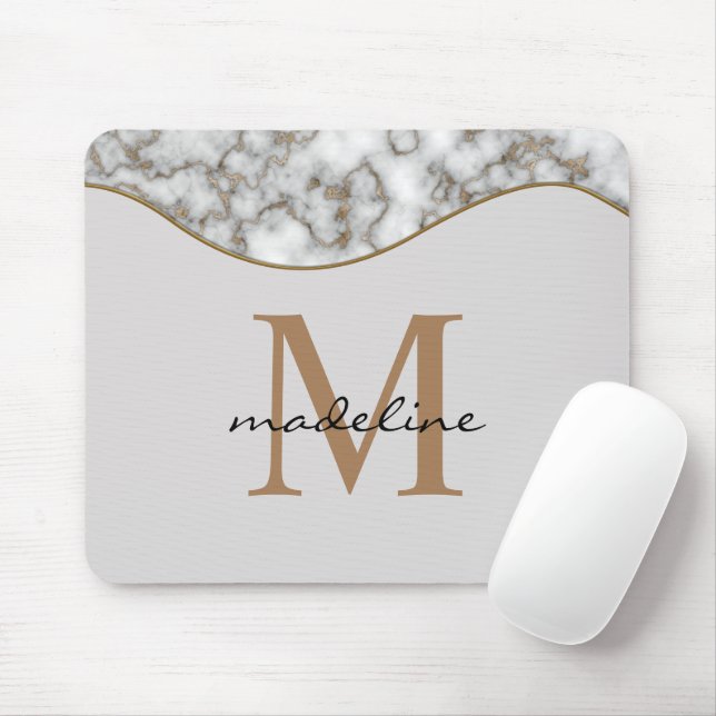 Elegant Crusted Gold Marble Black Grey Monogram Mouse Mat (With Mouse)