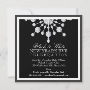 Elegant Crystal Snow New Year's Eve Black & White Invitation