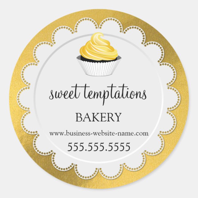 Elegant Cupcake and Doily Faux Gold Foil Classic Round Sticker (Front)