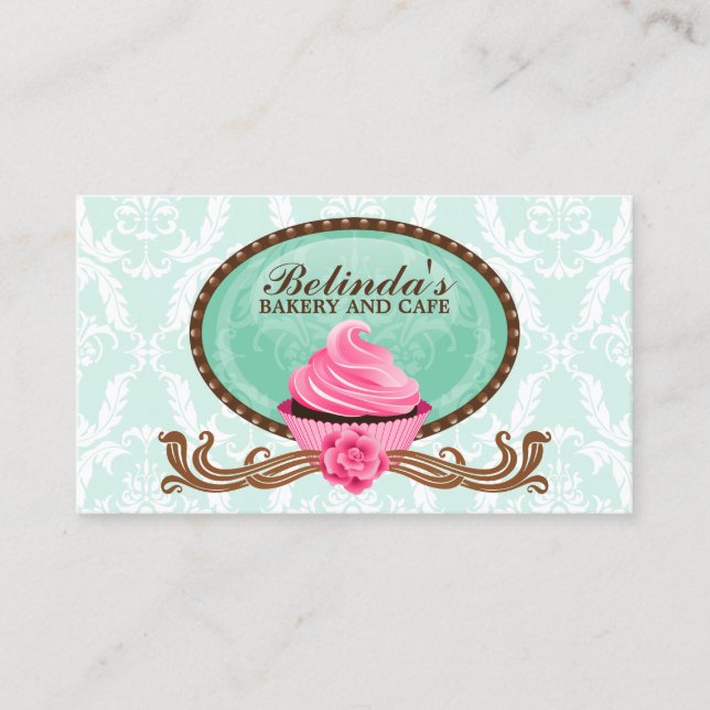 Elegant Cupcake Bakery Damask Business Card (Front)