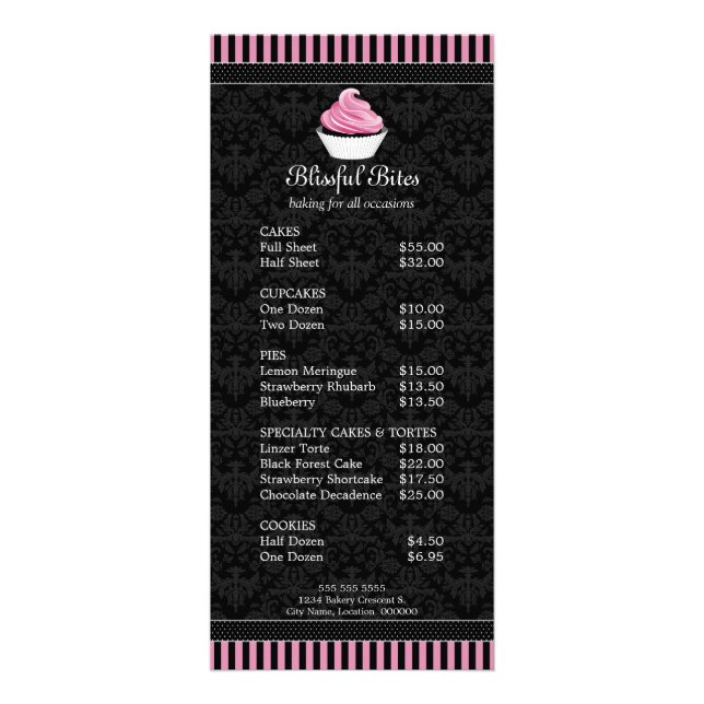 Elegant Cupcake Bakery Promo Price List Rack Card (Front)