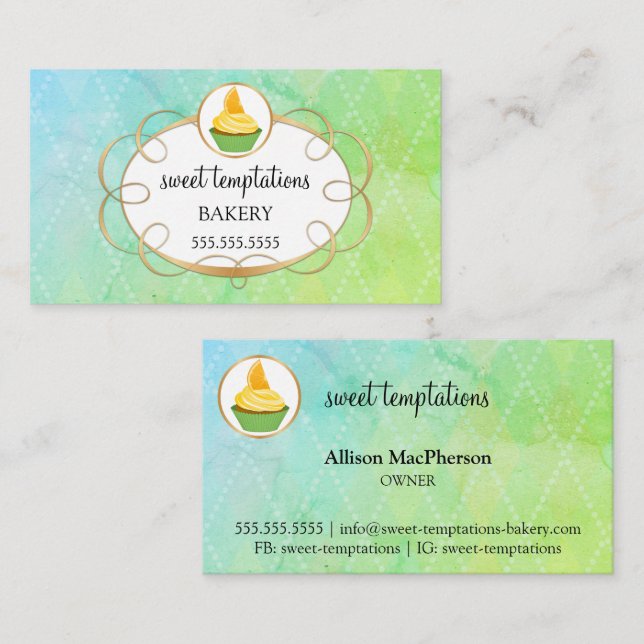 Elegant Cupcake & Gold Scroll Bakery Business Card (Front/Back)