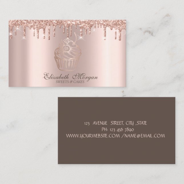 Elegant Cupcake Rose Gold Drips Bakery Business Card (Front/Back)