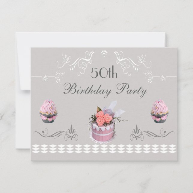 Elegant Cupcakes Pink & Grey 50th Birthday Invitation (Front)