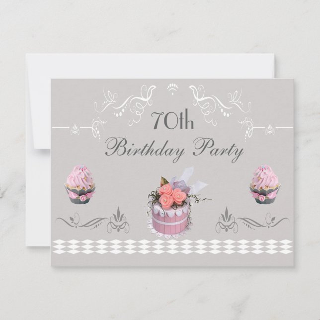 Elegant Cupcakes Pink & Grey 70th Birthday Invitation (Front)
