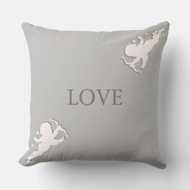 Elegant cupids in white on silver grey cushion (Front)