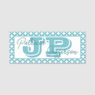 Elegant Curacao Blue Mesh Border: Stylish Monogram Name Tag