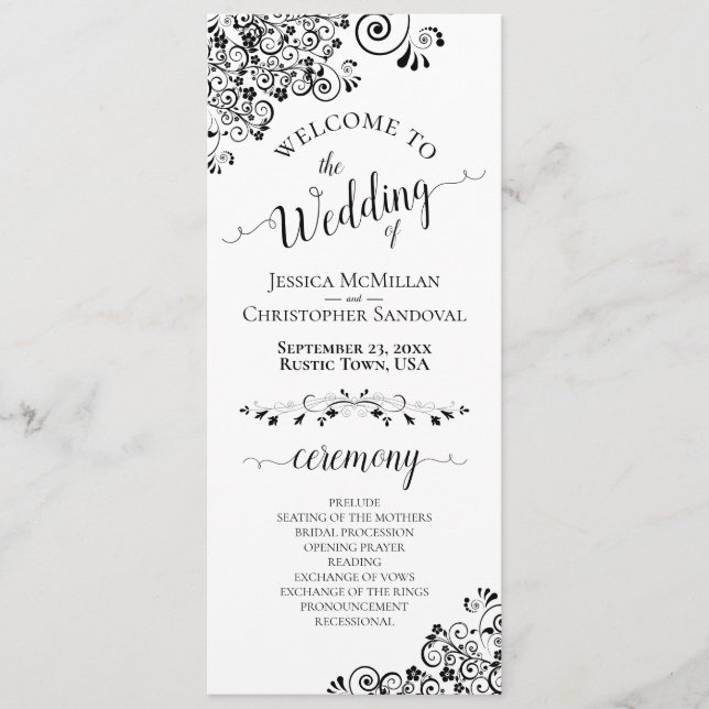 Elegant Curls & Swirls Black & White Wedding Programme (Front)