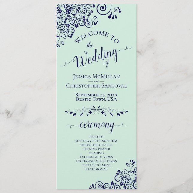 Elegant Curls & Swirls Mint Green & Navy Wedding Programme (Front)