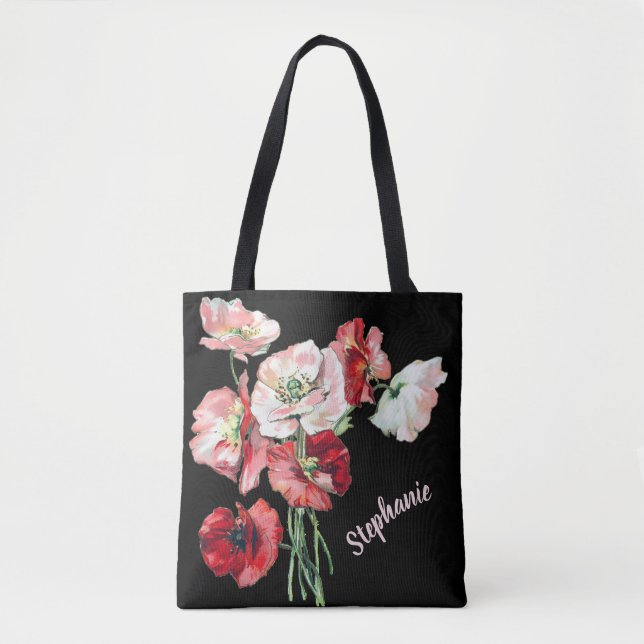 Elegant Cursive Script Name Watercolor Art Poppies Tote Bag (Front)