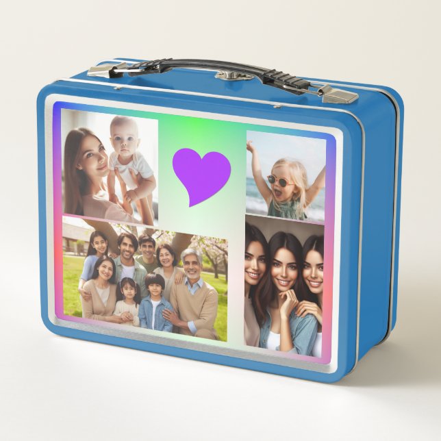 Elegant Custom 10-Photo Pink Purple Hearts Rainbow Metal Lunch Box (Back)