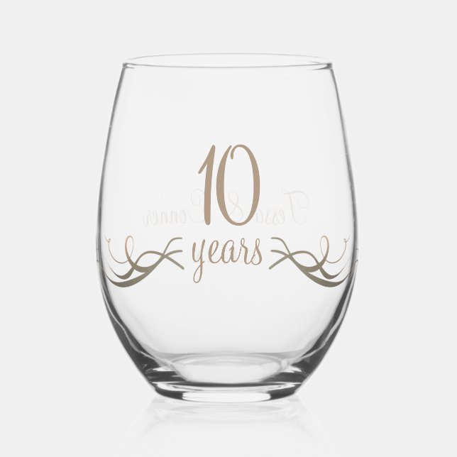 Elegant Custom 10th Anniversary Keepsake Gift Stemless Wine Glass (Front)