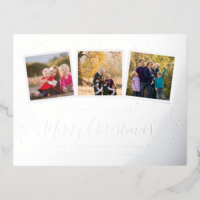 Elegant Custom 3 Photo Collage Merry Christmas Foil Holiday Postcard (Front)