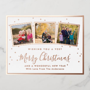 Elegant Custom 3 Photo Collage Merry Christmas Foil Holiday Postcard