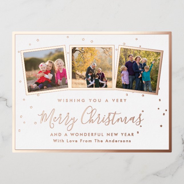 Elegant Custom 3 Photo Collage Merry Christmas Foil Holiday Postcard (Front)