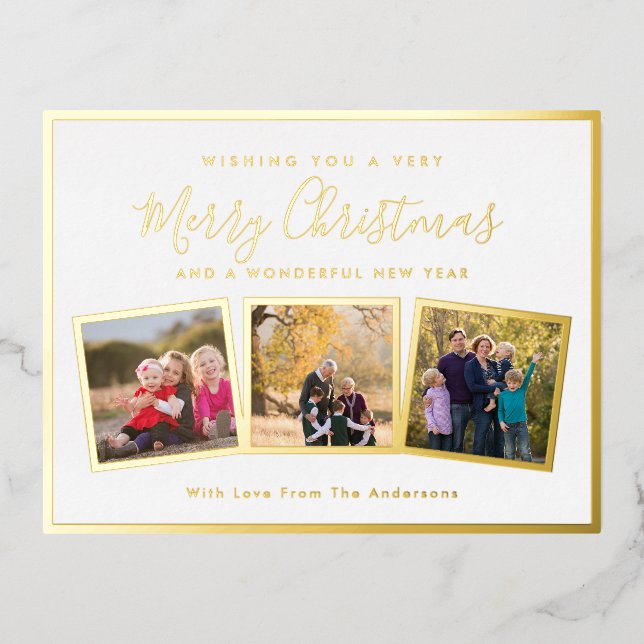 Elegant Custom 3 Photo Collage Merry Christmas Foil Holiday Postcard (Front)