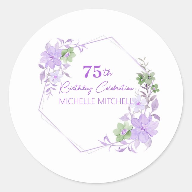 Elegant Custom 75th Birthday Lavender Floral       Classic Round Sticker (Front)