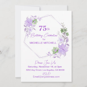 Elegant Custom 75th Birthday Lavender Floral Invitation