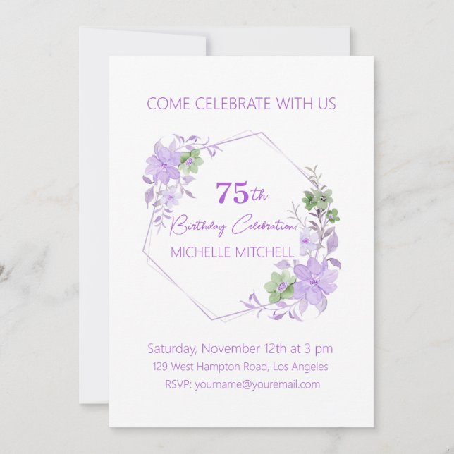 Elegant Custom 75th Birthday Lavender Floral  Invitation (Front)