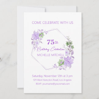 Elegant Custom 75th Birthday Lavender Floral  Invitation