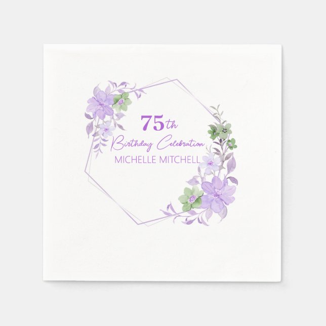 Elegant Custom 75th Birthday Lavender Floral       Napkin (Front)