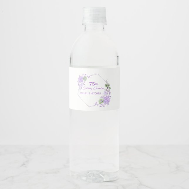 Elegant Custom 75th Birthday Lavender Floral       Water Bottle Label (Front)