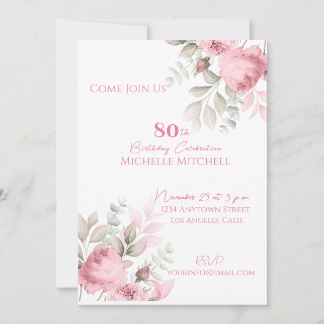 Elegant Custom 80th Birthday Pink Floral   Invitation (Front)