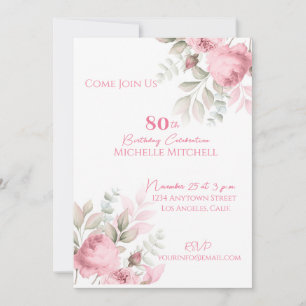 Elegant Custom 80th Birthday Pink Floral   Invitation