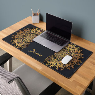 Elegant Custom Black and Gold Mandala Desk Mat