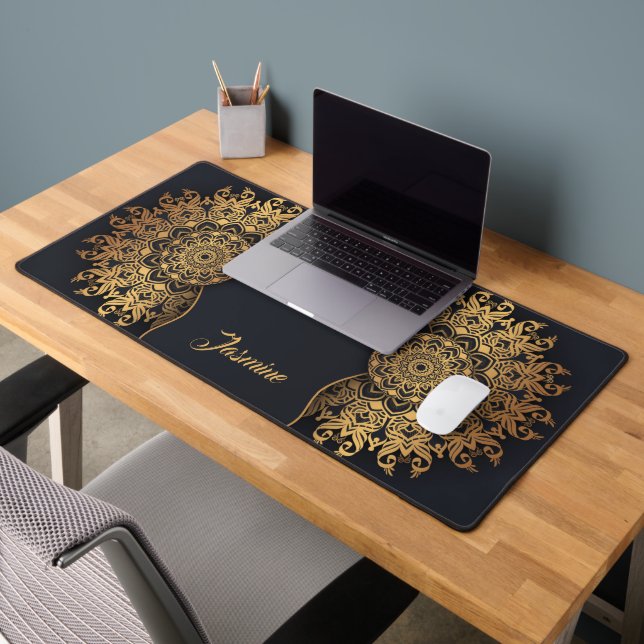 Elegant Custom Black and Gold Mandala Desk Mat (Office 2)