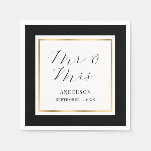 Elegant Custom Black and Gold Wedding Napkin (Front)