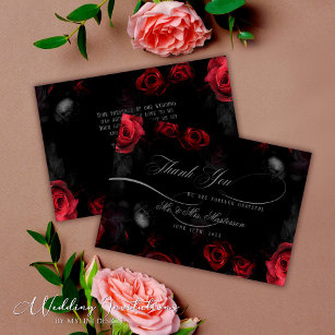 Elegant Custom Black and Red Floral Gothic Wedding Thank You Card