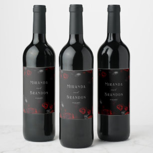 Elegant Custom Black and Red Floral Gothic Wedding Wine Label