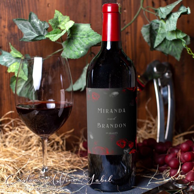 Elegant Custom Black and Red Floral Wedding Wine Label (Creator Uploaded)