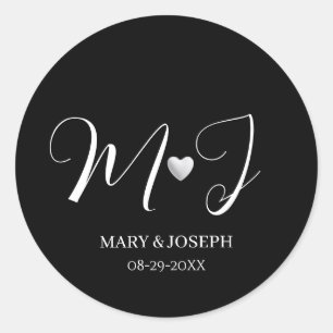 Elegant Custom Black And White Wedding Monogram Classic Round Sticker
