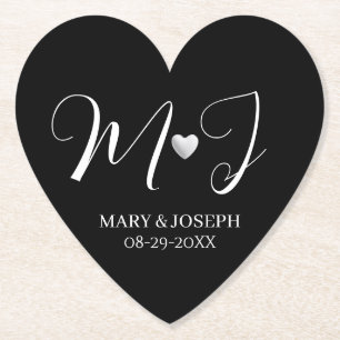 Elegant Custom Black And White Wedding Monogram Paper Coaster