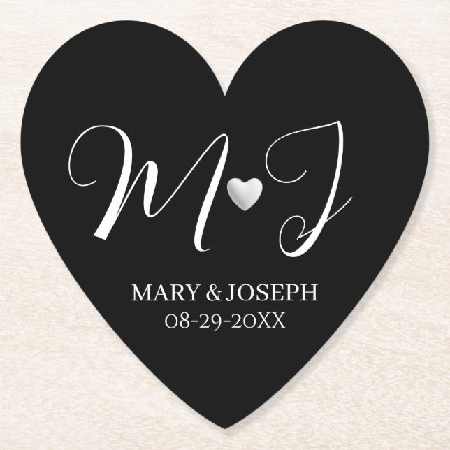 Elegant Custom Black And White Wedding Monogram  Paper Coaster (Front)