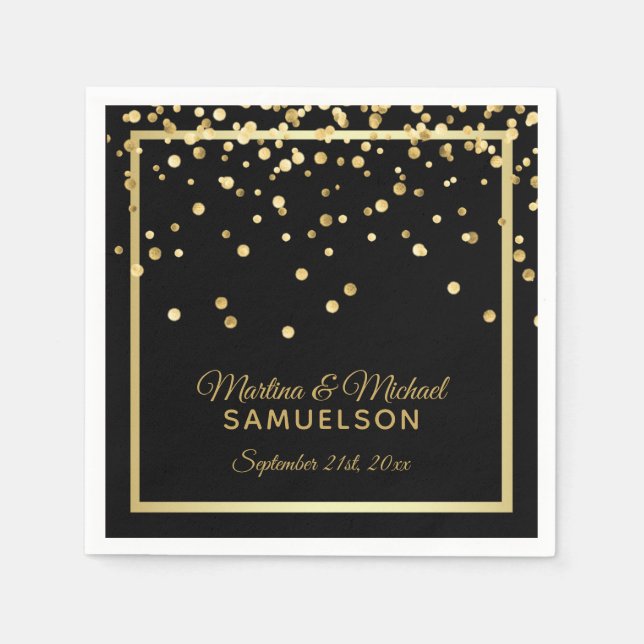 Elegant Custom Black Gold Confetti Wedding Napkin (Front)