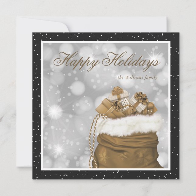 Elegant Custom Black Gold Snow Happy Holiday Cards (Front)